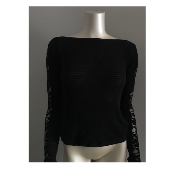Free People Black Lace Sleeve Ribbed Sweater Top - Picture 5 of 7